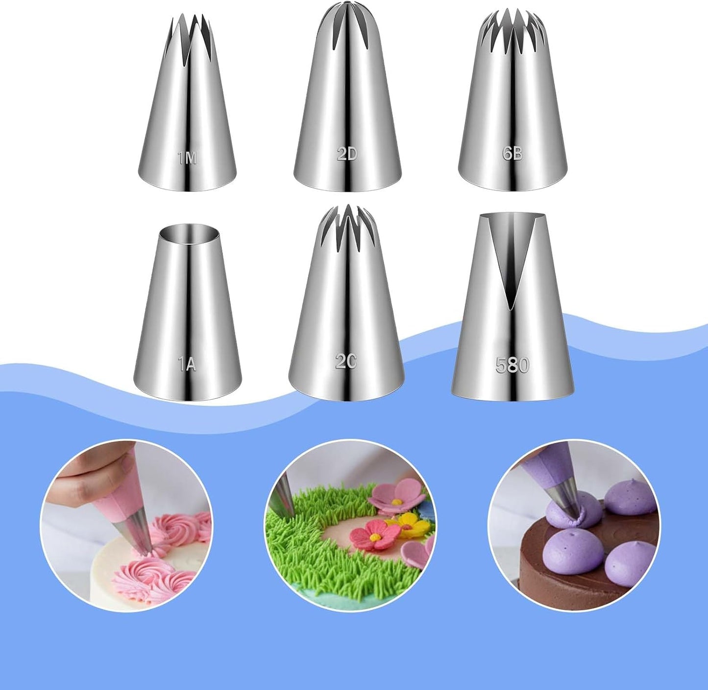 6 Pack Large Piping Tips Set Stainless Steel Cupcake Icing Tips Cake Decorating Frosting Nozzles Reusable Cake Piping Kit Decorating Supplies for Pastry Baking Cookies Butter Cream Puff Accessories