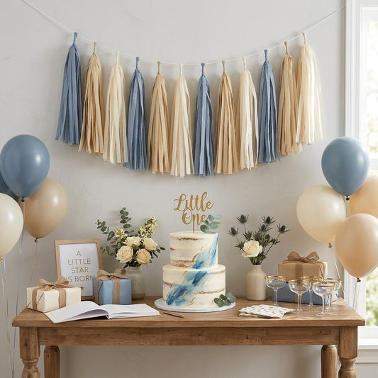 15PCS Dusty Blue Tan and Cream Tissue Paper Tassel Garland Fringe Streamers for Neutral Boho Boy Baby Shower Bunting Coastal Bachelorette Wedding First Birthday Nursery Wall Hanging Party Decor