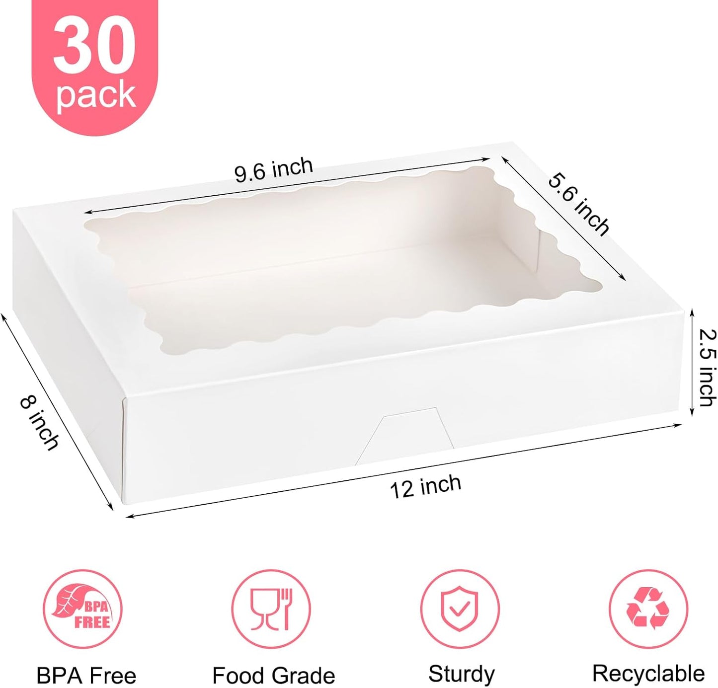 Kucoele 20 PCS Bakery Boxes with Window, 12 x 8 x 2.5 Inches Pastry Boxes Auto-Popup Treat Boxes for Chocolate Covered Strawberries, Cookies, Muffins, Donuts, Breakable Hearts