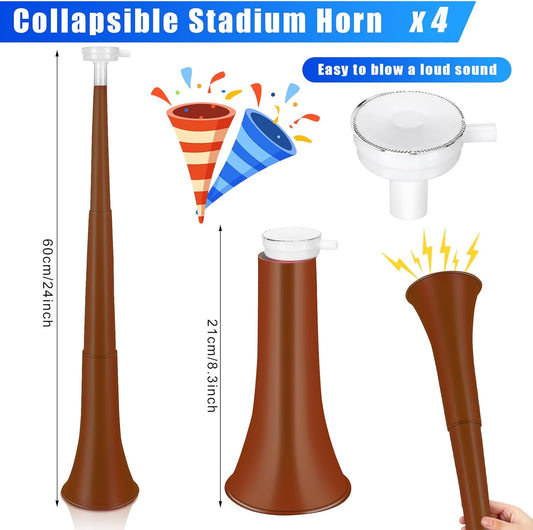Lenwen 4 Pcs 24 Inch Collapsible Stadium Horn Vuvuzela Noisemakers Plastic Trumpet Blow Horn for Sporting Events Graduation Games Sports Party Supplies Favors Accessories(Brown)