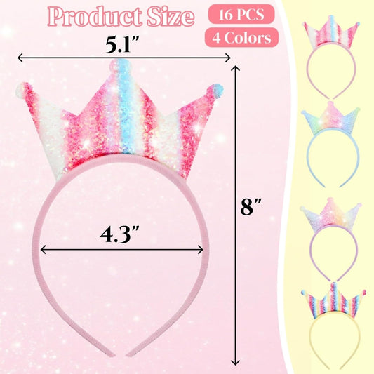 16 Pack Princess Crowns Headbands, Glitter Sequin Party Favor Tiara Crown Set, Sparkly Dress Up Costume Shiny Hair Accessories Hairbands for Birthday, Prom