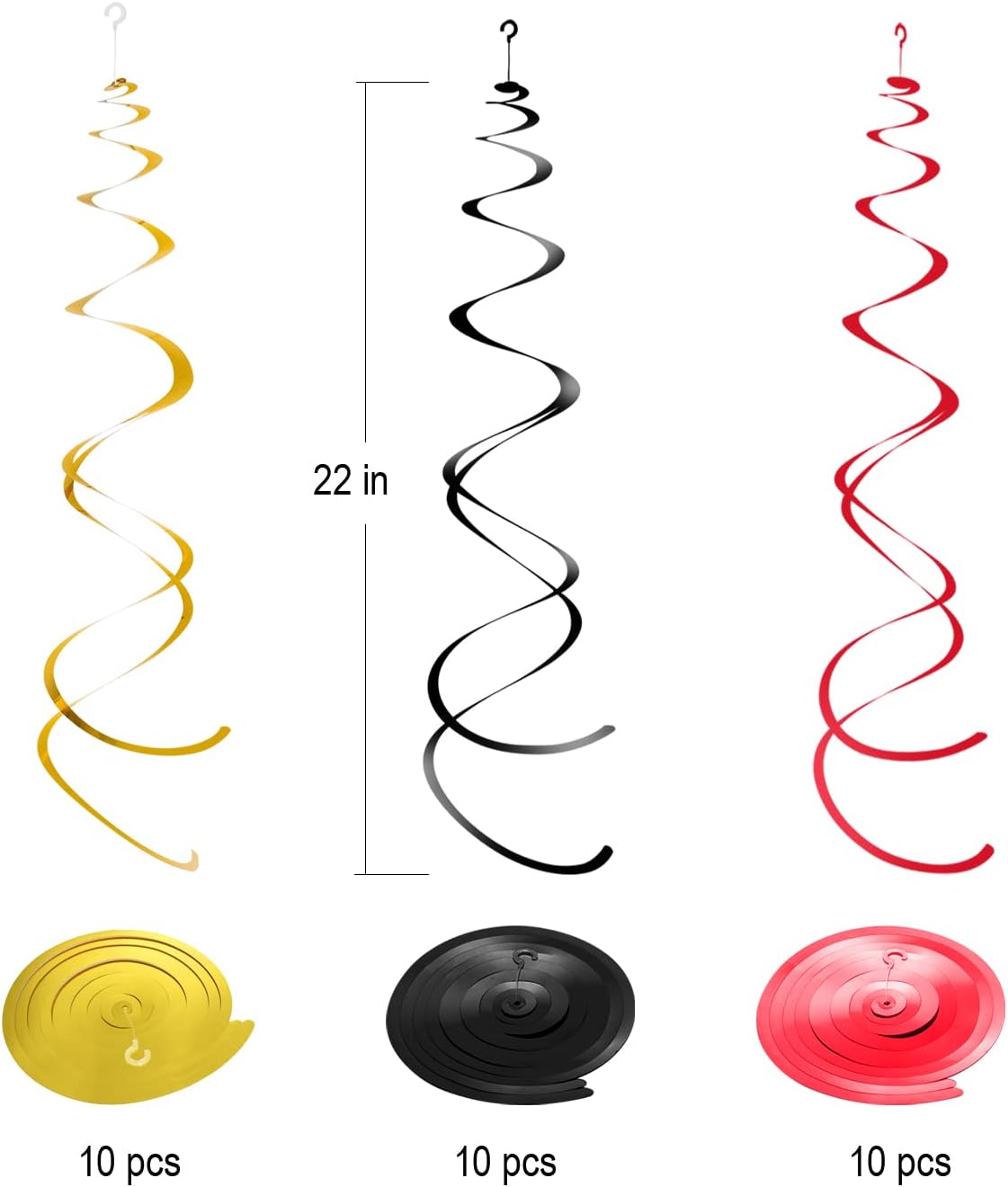 Hanging Swirls Party Streamer Spiral Decorations for Ceiling (30pcs, Black, White, Gold)