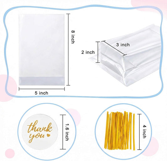 Cellophane Treat Bags, 5x7 Inch Iridescent Cellophane Bags with Thank You Stickers and Twist Ties, Celebrations Baby Showers Weddings Birthday Party Gift Wrapping(Pack of 100)