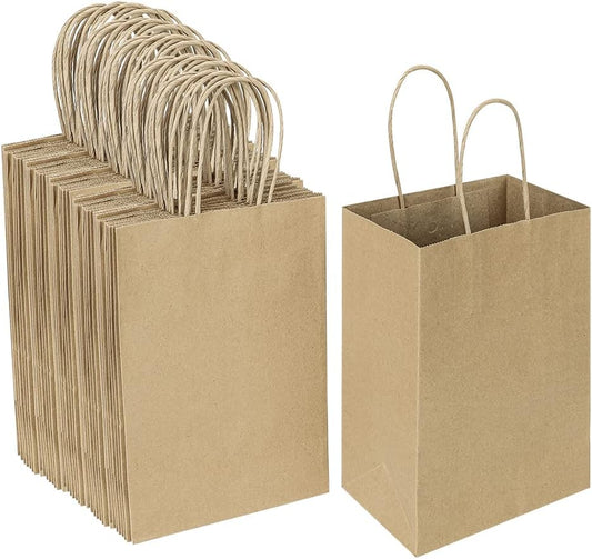 Oikss 100 Pack 5.25x3.25x8.25 Inch Small White Kraft Paper Bags with Handles Bulk for Birthday Wedding Party Favors Grocery Retail Shopping Business Goody Craft Gift Bags Cub Sacks (100pcs Count)
