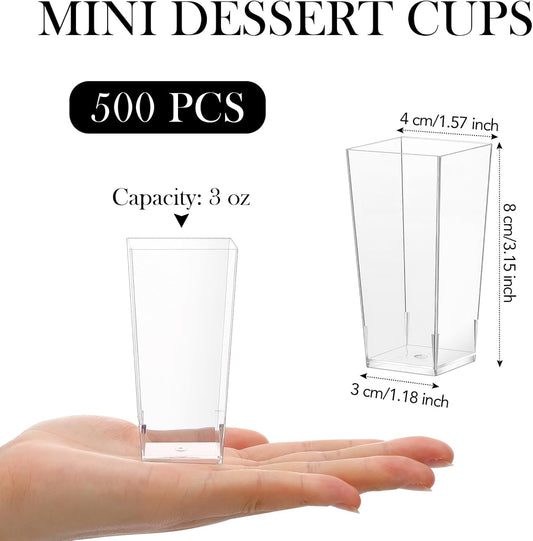 Uiifan 500 Pack 3 oz Mini Dessert Cups Tall Clear Plastic Parfait Cups for Desserts, Appetizers, Mousse Chocolate Dessert(Square Shape)