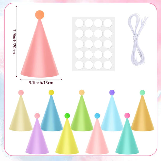 Hooqict 10 PCS Pastel Party Hats for Kids and Adults Birthday Party Cone Hats with Pom Poms Headwear for Boys Girls Stuffed Animals Pastel Rainbow Birthday Party Decorations