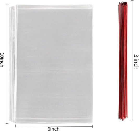 MoloTAR 200 Pcs 10 in x 6 in(1.4mil.) Clear Flat Cello Cellophane Treat Bags Good for Bakery, Cookies, Candies,Dessert with five random color Twist Ties!