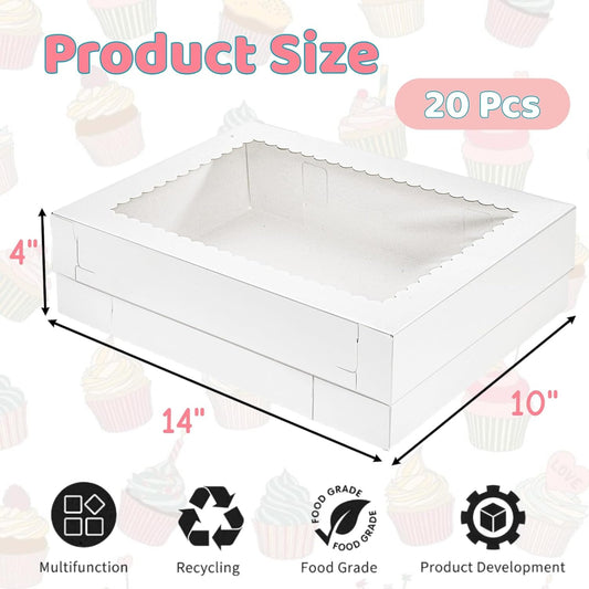 20 Pieces 14x10x4 Inch Cake Boxes, White Rectangle Quarter Sheet Bakery Boxes with Window, Large Paperboard Container for Donuts Cookies Baking Cake Pastry Pie Packaging