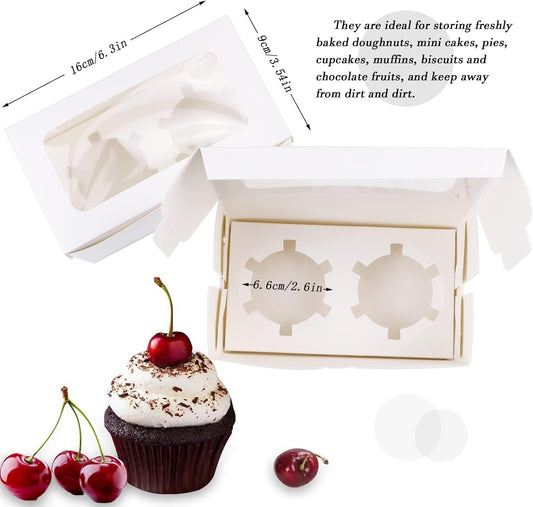 30 Pack White Paper Cupcake Boxes with 2 Cavity Cookie Gift Boxes with Clear Window 2 Treat Holder Cupcake Containers Bakery Cake Box for Birthday Party Holiday Bakery Supplies