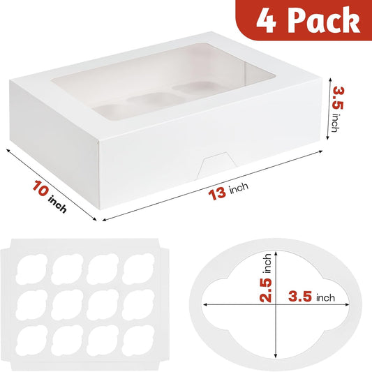 ZORRITA 12 Count Cupcake Boxes, 4 Pack Auto-Popup White Cupcake Containers with Window and Inserts Cupcake Carrier with Holders to Fit Dozen Cupcakes and Muffins