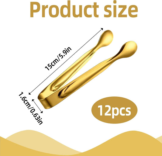 12 Pcs Mini Tongs Stainless Steel 6 Inch Small Sugar Serving Tongs for Buffets,Coffee Bar,Tea Party,Charcuterie Board Appetizers Dessert Serving Food Tiny Party Ice Bucket Danish Candy (Gold)