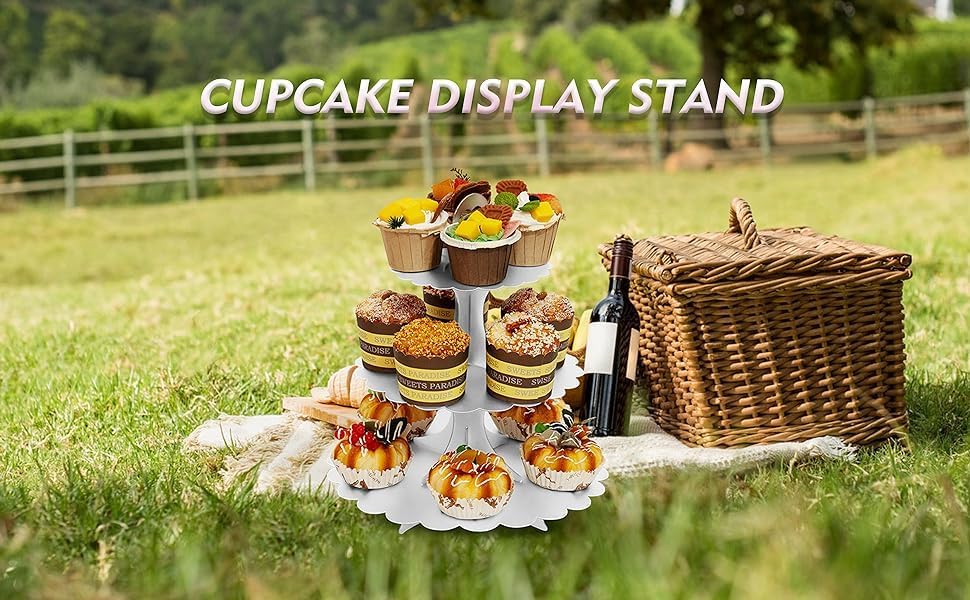 White Cupcake Stand Tower, 3-Tier Cardboard Dessert Display with Heart Handle,Perfect for Birthday Baby Shower Wedding Tea Party Graduation, Easy 60-Second Assembly, Holds 12+Cupcakes (1-Pack)
