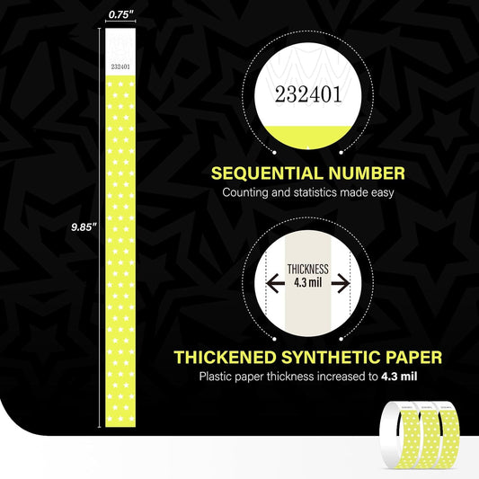 Neon Stars Yellow Green Paper Wristbands for Events, 100 Count 3/4" Paper Bracelets for Event Entry, Festivals, Parties, Clubs (Neon Star Yellow Green, 100)