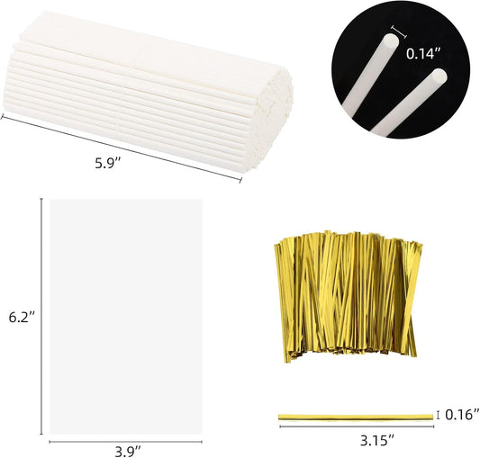 600 Pcs Cake Pop Sticks and Wrappers Kit, Including 6 Inch Paper Lollipop Sticks,4 x 6 Inches Clear Candy Treat Bags, Plastic Cake Pop Bags and Gold Twist Ties Chocolate Pops Making Accessories
