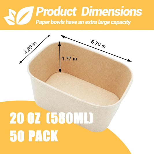 Kaderron 50 Pack 32 OZ Large Paper Bowls with Lids, Heavy Duty Disposable Compostable Container for Party, Disposable Bowls Bulk Soak-Proof and Microwave Safe for Hot/Cold Use(32OZ-50PACK)