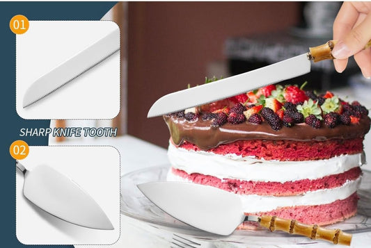 11 inch Cake Cutting Set of 2 Piece for Wedding, Elegant Cake Knife and Server Set with Natural Real Bamboo Handle, Cake Cutter and Pie Spatula for Birthday Anniversary Christmas (Silver)