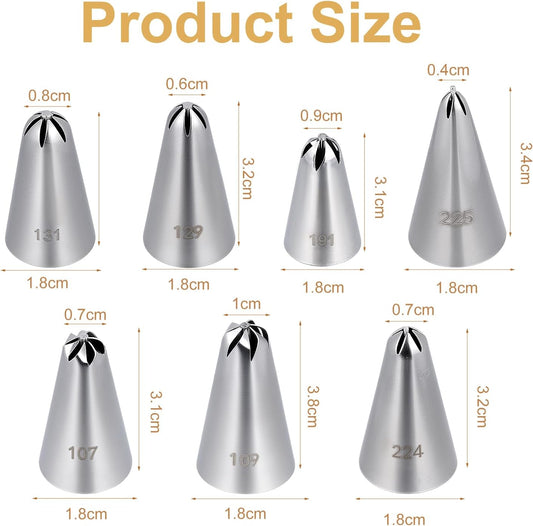 7 Pcs Drop Flower Piping Tips Set, 107, 109, 129, 131, 191, 224, 225 Stainless Steel Icing Tip for Swirl, Rosette, Cake Cookie Decorating Floral Patterns