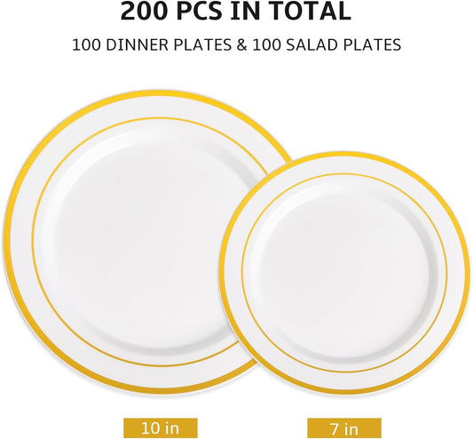AOZITA 200 PCS White Plastic Plates, Premium Heavy Duty Disposable Plates for Party, 100 Dinner Plates & 100 Salad Dessert Plates, Sturdy Hard Plastic Dinnerware for Wedding, Events