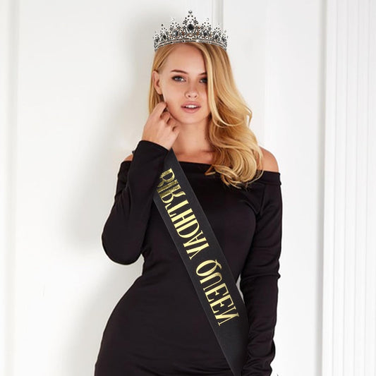 CAVETEE Red Black Birthday Crown and Sash for Women Sash & Rhinestone Tiara Set Red and Black Party Decorations Birthday Queen Crowns Tiaras for Women