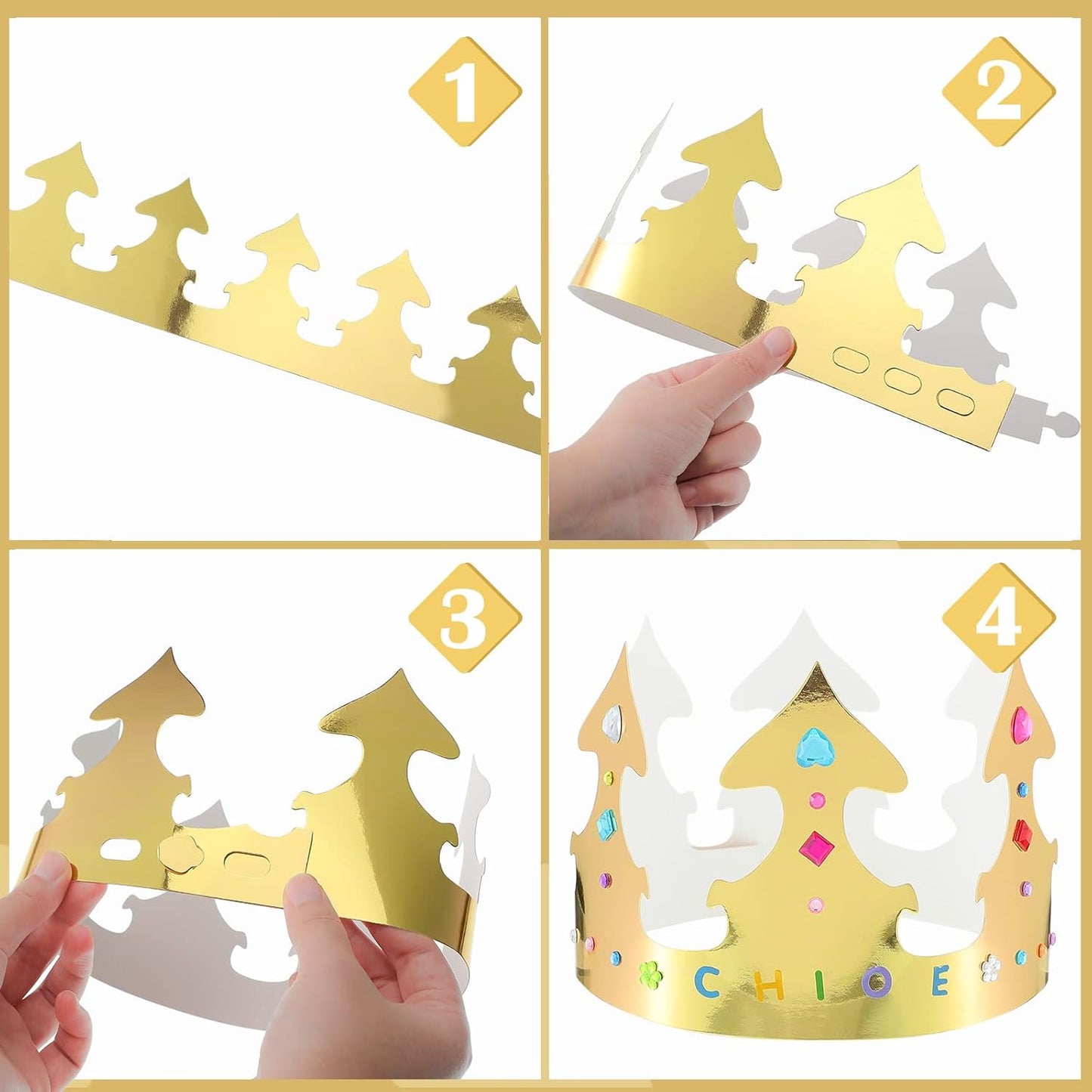 34 Pieces Golden Paper Princess Prince Crowns for Kids Birthday Party Hats Gold for Boys Girls DIY Crown Supplies (Stylish Style)