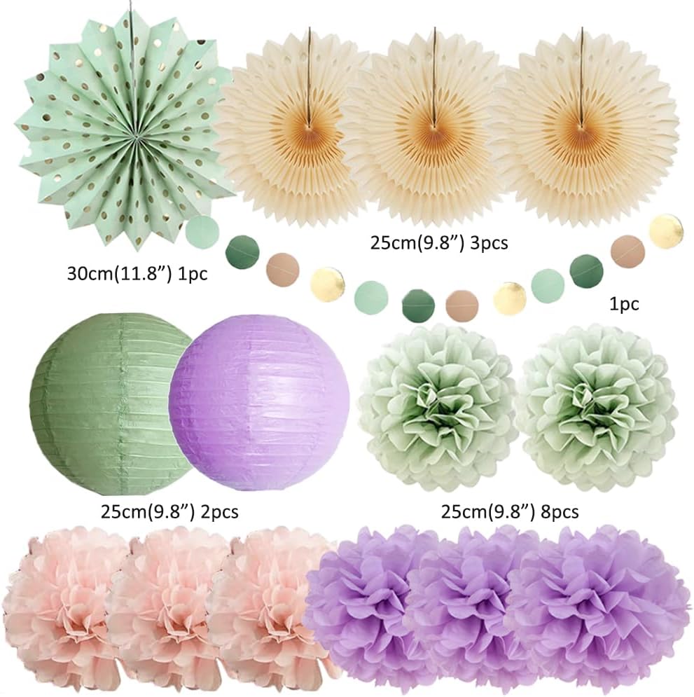 Sage Green and Purple Party Decorations Baby Shower Girl Decorations Sage Green Purple Pink Birthday Party Light Purple Blush Pink Tissue Paper Pom Poms Beige Fans Kit for Wedding Engagement