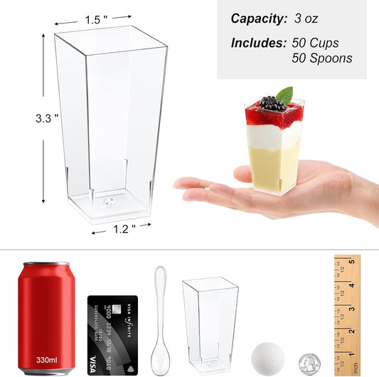 Zezzxu 3 oz Square Mini Dessert Cups with Spoons - 50 Pack Plastic Pudding & Parfait Cups Party Dessert Shooters for Serving Trifle Mousse Cake Appetizers