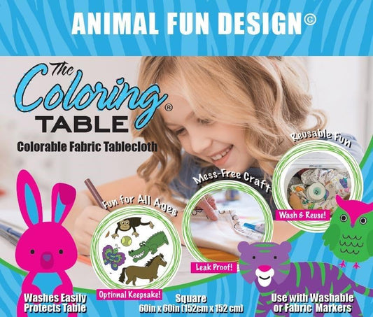 Animal Fun Design – Square Tablecloth 60”X60” – Interactive Coloring Tablecloth for Kids - Poly/Cotton Fabric – Washable and Reusable – DIY Activity for Children and Adults