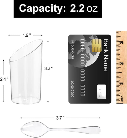 50 Pack Mini Slanted Dessert Cups with Spoons - 2.2 oz Plastic Parfait Cups Reusable Shooter Glasses Small Serving Cups for Tasting Party Desserts Appetizer