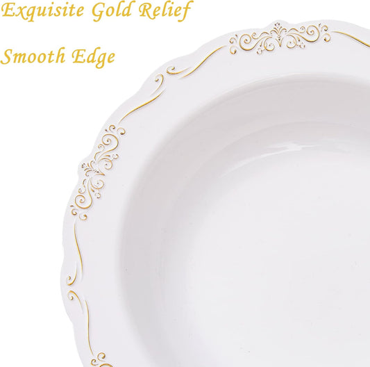 N9R 30PCS Disposable Plastic Bowls with Gold Rim, 12 oz Fancy White Plastic Bowls, Premium Dessert Salad Bowls Perfect for Party, Wedding and Everyday Use