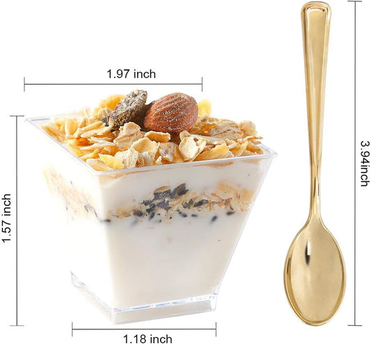 supernal 100pcs Square Plastic Dessert Cups (4oz) with 100pcs Mini Gold Spoons, Plastic Parfait Appetizer Cup, Medium Clear Dessert Cups Perfect for Cakes, Ice Cream, Desserts Appetizers