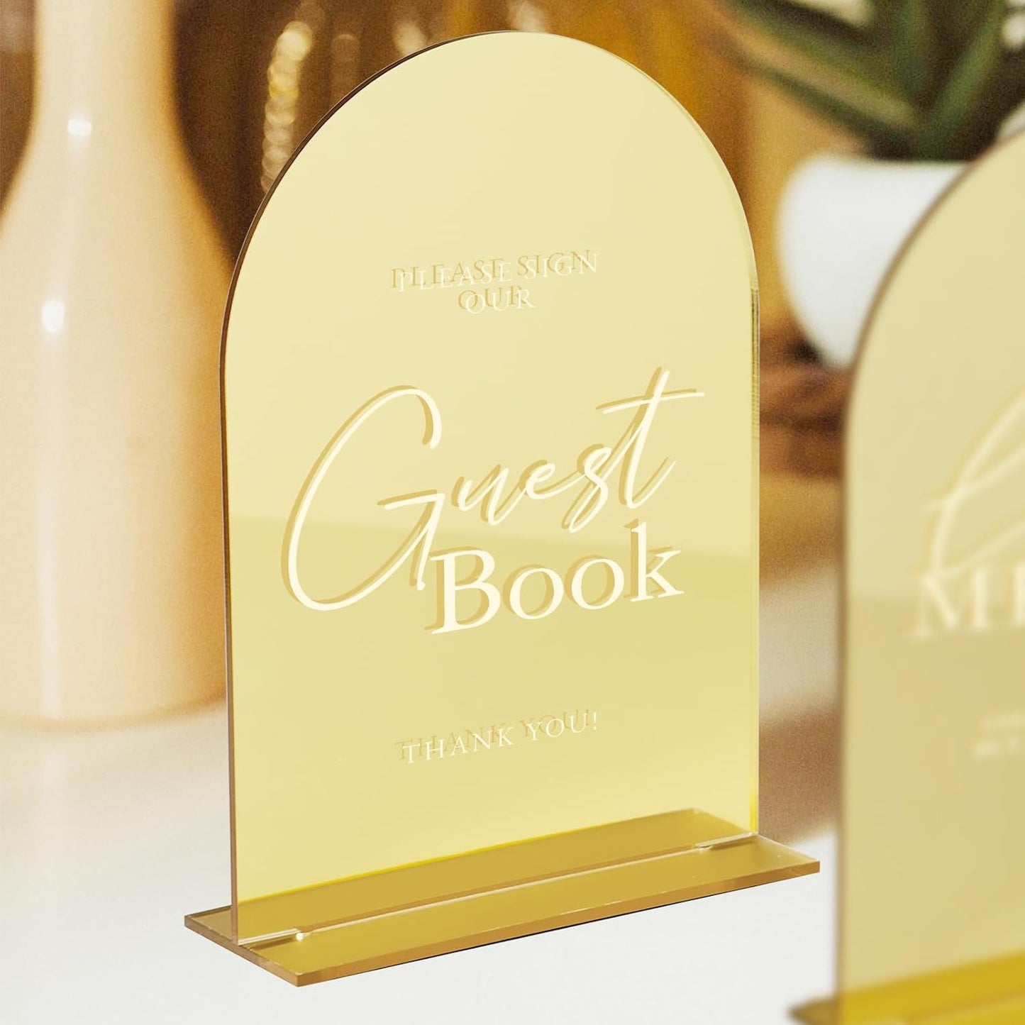 Acrylic Wedding Sign with Stand- 5"x7" Gold Mirror Arched Guest Book Signs and Base,1/8" Thick | Modern Calligraphy White Lettering Gold Arch Acrylic Table Sign for Wedding Reception & Party