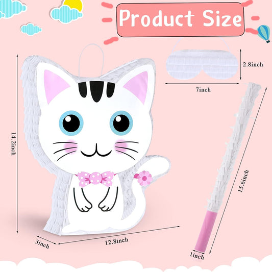 Aoriher Cat Piñata with Blindfold and Bat, Cat Birthday Party Supplies Kitty Piñatas Pink and White for Party Favor Birthday Decorations, 14.2 x 12.8 x 3.2 Inch, Pink and White