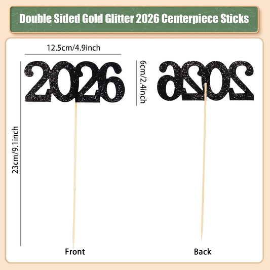 12 Pieces Glitter 2026 Centerpiece Sticks Black Double Sided 2026 Graduation Party Sticks 2026 Floral Picks Table Centerpiece Topper for 2026 Graduation New Year Party Decoration Supplies,4.9x9.1"