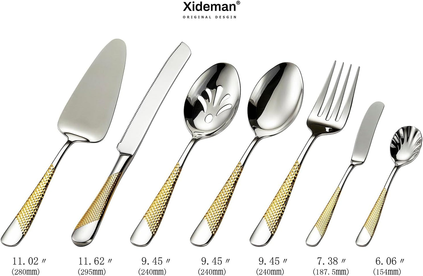 Xideman® 7-Piece Hammered 18/10 Stainless Steel Silverware Serving Utensil Set - Hostess Flatware with Cake Knife & Cake Server (Champagne Gold)