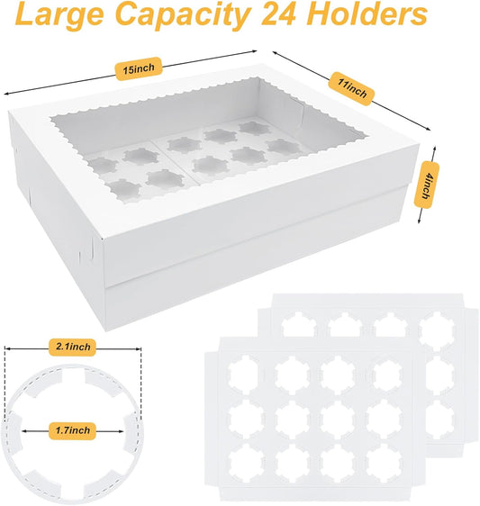 2 Pack White Cupcake Boxes Holder for 24 Standard or Mini Cupcakes, Food Grade Dessert Muffins Box Containers with Window and Inserts for Birthday Holiday Party Bakery Supplies