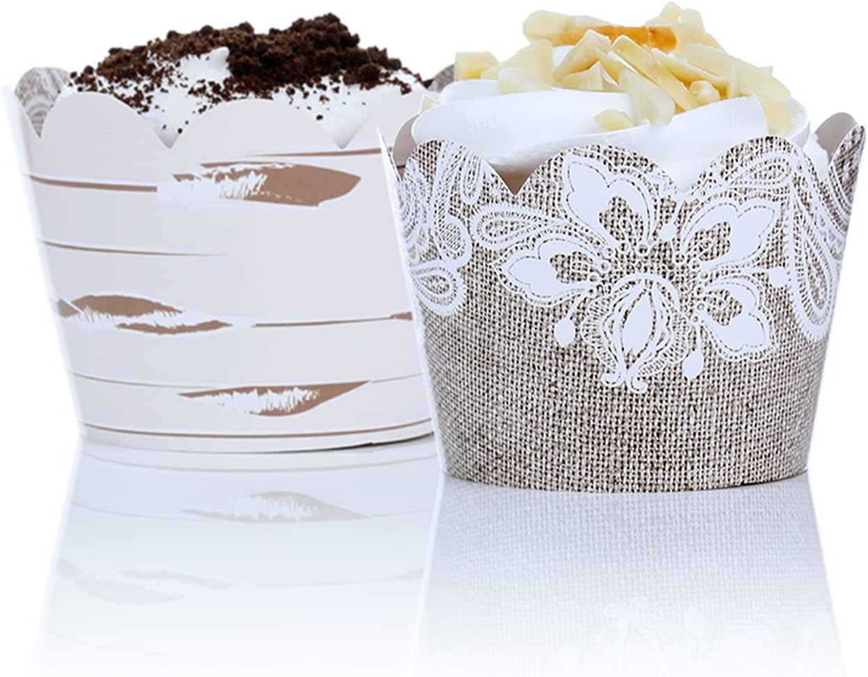 Burlap and Lace Cupcake Wrappers, 48 Count - Rustic Birch and Wood Grain Design, Burlap Cupcake Wrappers for Weddings and Parties by Pretty Cute Studios