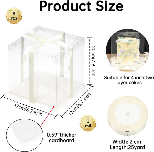 3 Pcs Clear Gift Box with Ribbon 2-Layer 6.7x6.7x7.8 Inch, Transparent Cake Carrier Box with Lids, PET Tall Cake Packaging Boxes, Clear Gift Boxes for Birthday,Wedding and Festival Party
