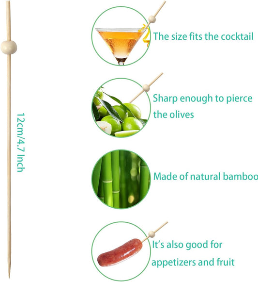 Wooden Cocktail Picks with Beads,200 Pcs 4.7 Inch Natural Bamboo Appetizer Skewers for Charcuterie, Fruit Kabobs, Party Food