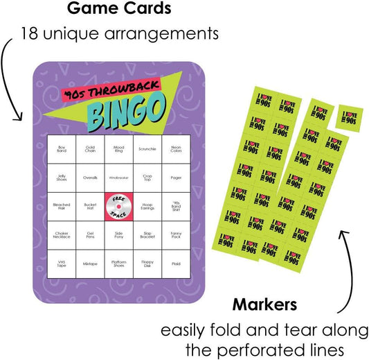 Big Dot of Happiness 90’s Throwback - Bar Bingo Cards and Markers - 1990s Party Bingo Game - Set of 18