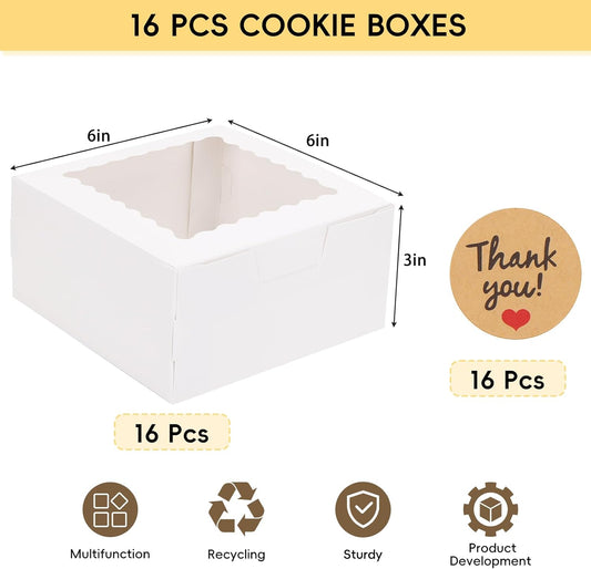 TOMNK 16pcs Cookie Boxes with Window, 6x6x3 Inches Bakery Boxes for Treats, Chocolate Covered Strawberries, Cupcake, Pastry(with Stickers)