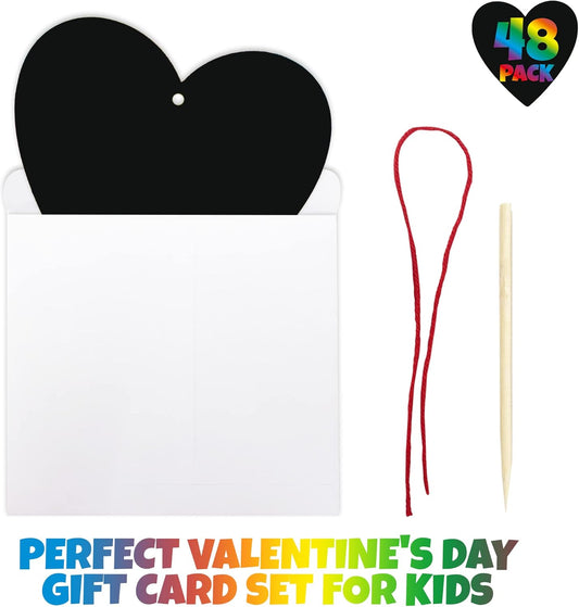 ArtCreativity 48 Pack Scratch Off Valentine Cards for Kids Classroom, Set of 48 Valentine Cards Ink-Free Scratch Off Hearts with Sticks, Red String, and Envelopes, Valentines Crafts