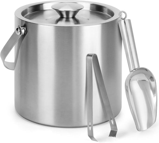 Portable Ice Buckets for Parties,3 Liter Double Wall Ice Bucket with Lid,Scoop,Tongs,Handle,Stainless Steel Ice Container to Keep Ice Frozen Longer- Ideal for Cocktail Bar,Camping,Chilling Beer/Wine