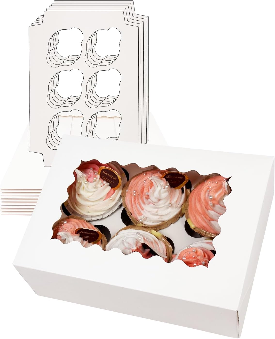 Bakepacker Auto-pop up 6 Cupcake Boxes with Window 20 Count Pink Box 9.4 x 6.1 x 3 inch Cupcake Carrier