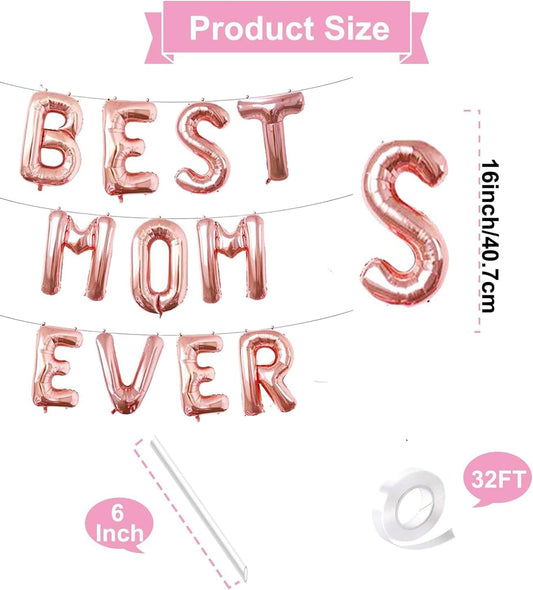 16 Inches Best Mom Ever Balloons Hanging Banner Decorations, Rose Gold Aluminum Foil Letter Balloons for Mother's Day Birthday Baby Shower Gender Reveal Party Supplies