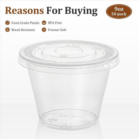 AOZITA [50 Sets, 9 oz Clear Plastic Cups With Flat Lids No Hole, Disposable Cups With Lids for Ice Cream, Pudding, Cake, Snacks Smoothie, Milkshake, Cold Drinks