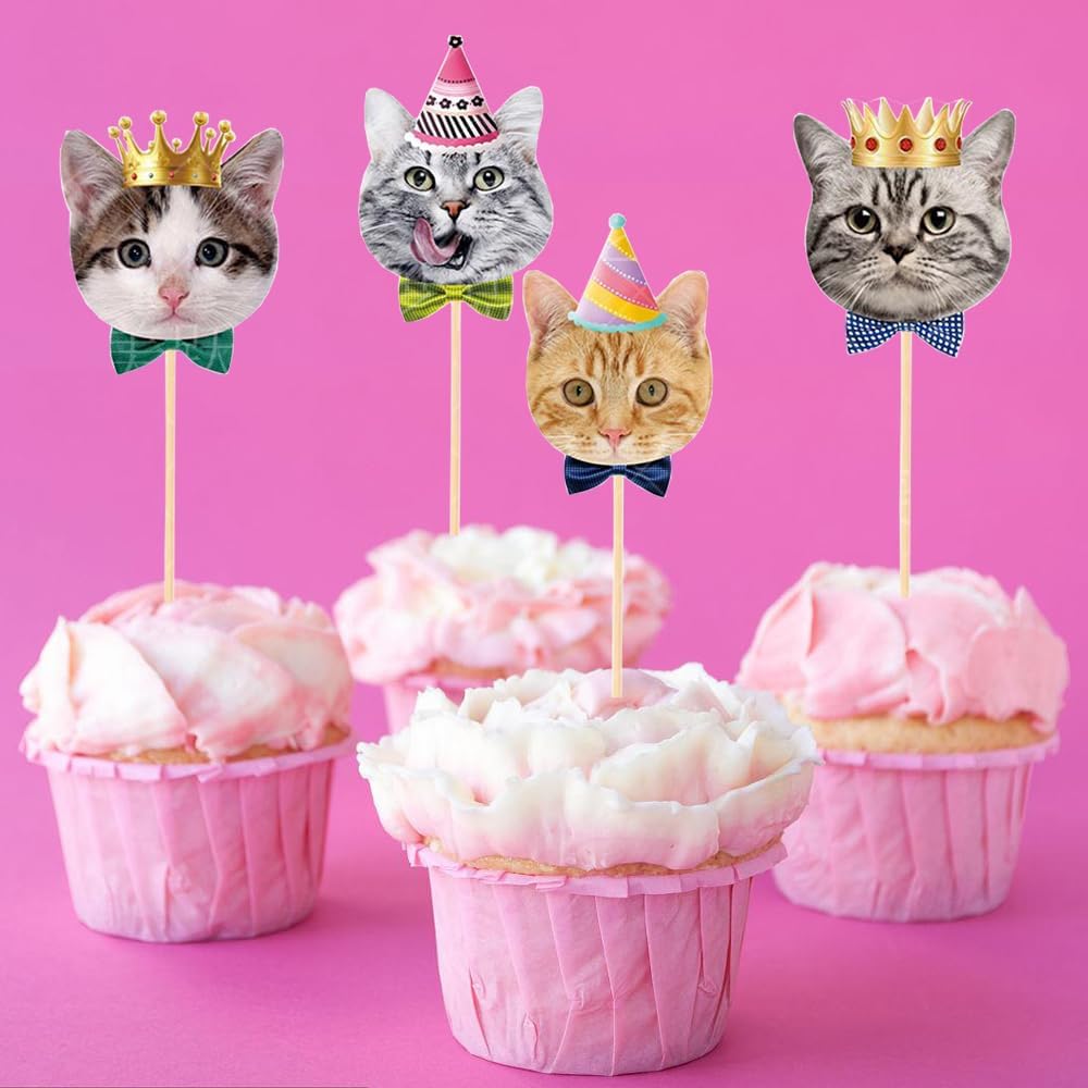 Pet Cat Cupcake Toppers,24 PCS Cats Cake Topper,Cat Birthday Decorations,Cat Party Decorations