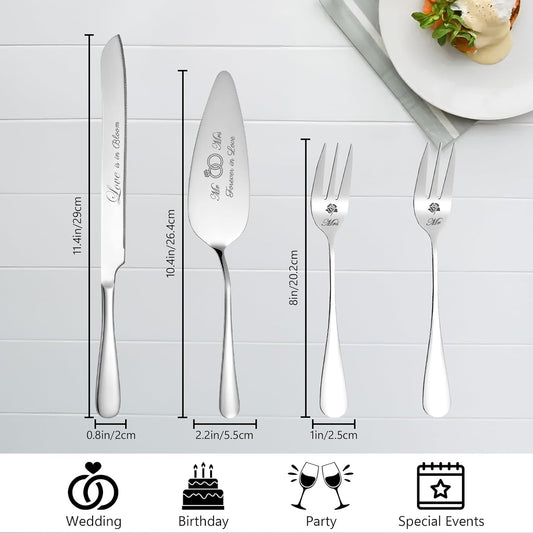 Wedding Cake Knife and Server Set, Stainless Steel Cakes toppers with Forks, Engraved Cake Cutting Set, Cutter Pie Spatula for Engagement, Birthday, Party, Christmas, Anniversary (Silver)