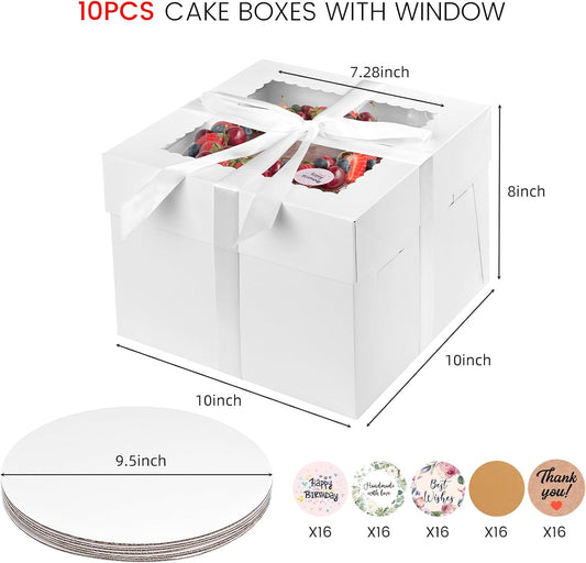 VGOODALL 10 Pack Cake Boxes, 10x10x8 Inches Cake Containers with Window, White Bakery Boxes with Lids for Birthday Party Wedding