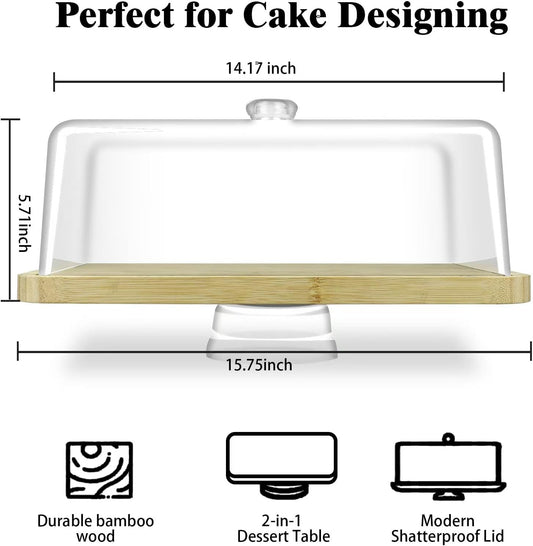 cutesun Cake Stand with Lid, 10.8'' Shatterproof Acrylic Dome (Not Glass), 11.8'' Rotating Acacia Wood Cake Display Stand for Wedding Birthday Party Dessert