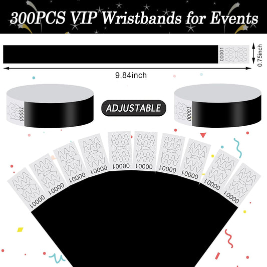 300 Pack Paper Wrist Bands for Events Waterproof Wristbands Lightweight Festival Identification Arm Bands Neon Adhesive Event Bracelets for Party(Black)
